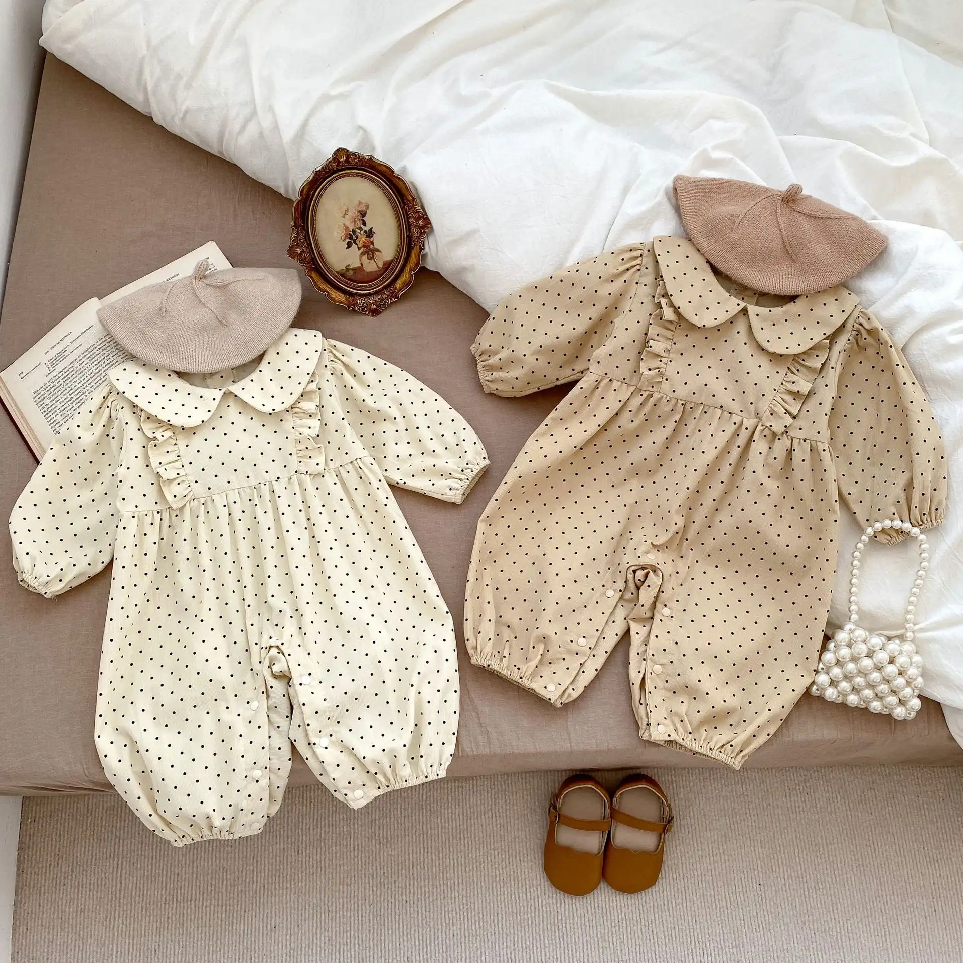 All-matching Lapel Dot Onesie Baby Girl Corduroy Romper Long Type Crawling Suit