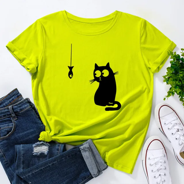 Women's Cute Cat Loose Round Neck Cotton Short Sleeve Fluorescent Green - Shop at LoveMi