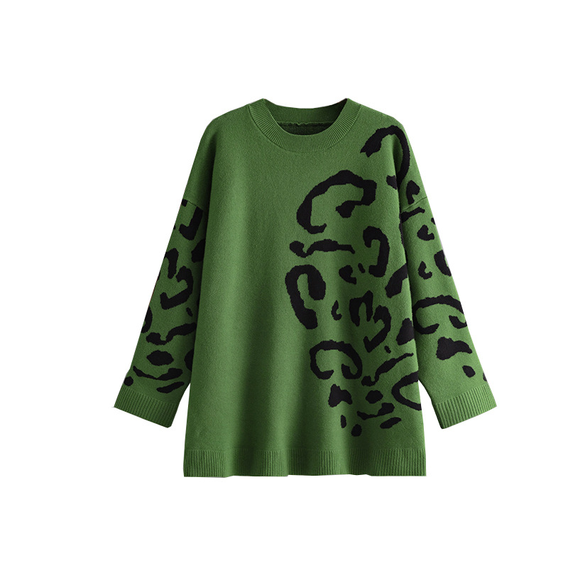 Knitted Brocade Sweater Women's Round Neck Pullover Leopard Print