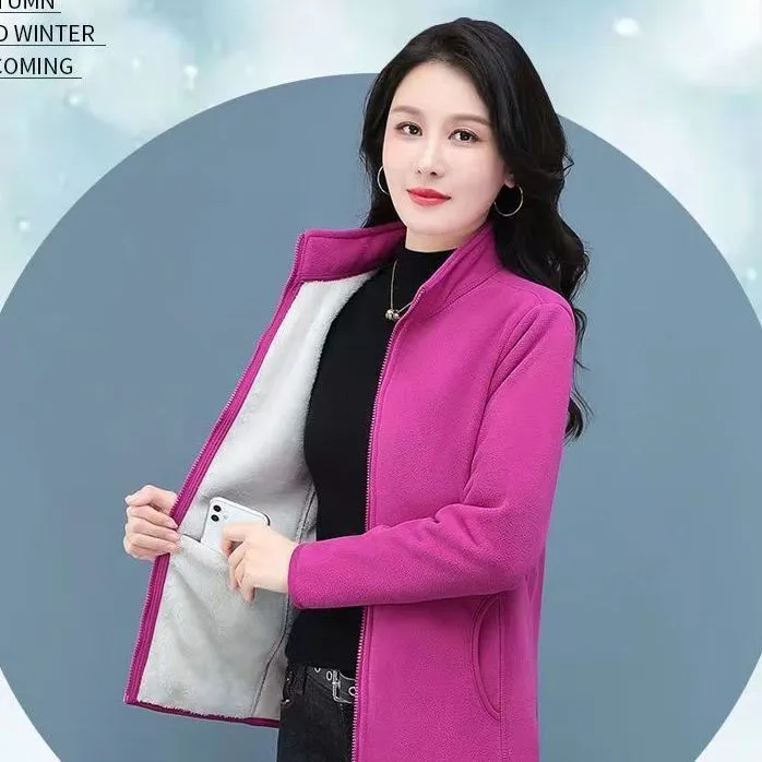 Women's Autumn And Winter Lamb Wool Stand Up Collar Cardigan Sweatshirt - Rose