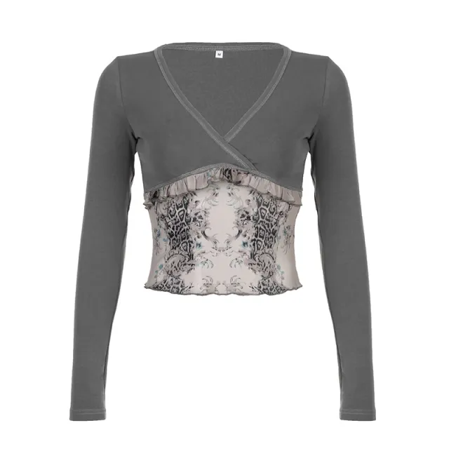American Retro V neck Slim Fit Slimming Long Sleeves Top Gray - Shop at LoveMi
