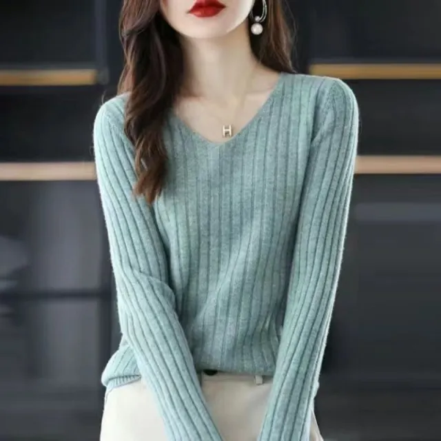 Slim V neck Pullover Long Sleeve Knitted Sweater Spearmint - Shop at LoveMi