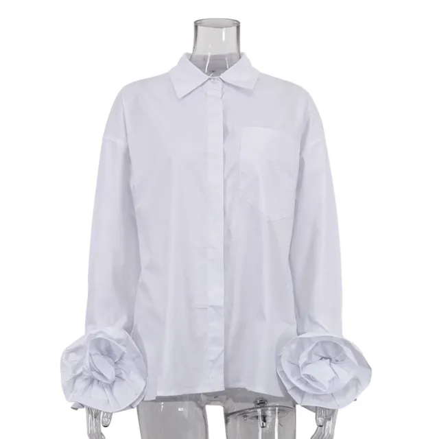Stitching Flower Long Sleeve Shirt White - Shop at LoveMi