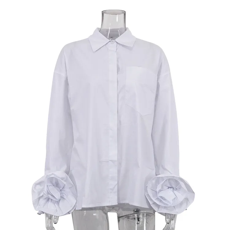Stitching Flower Long Sleeve Shirt - White