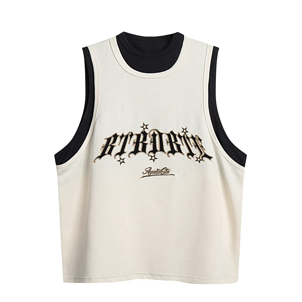 Fake Sports Vest Casual Letter Embroidered Loose Top - Apricot