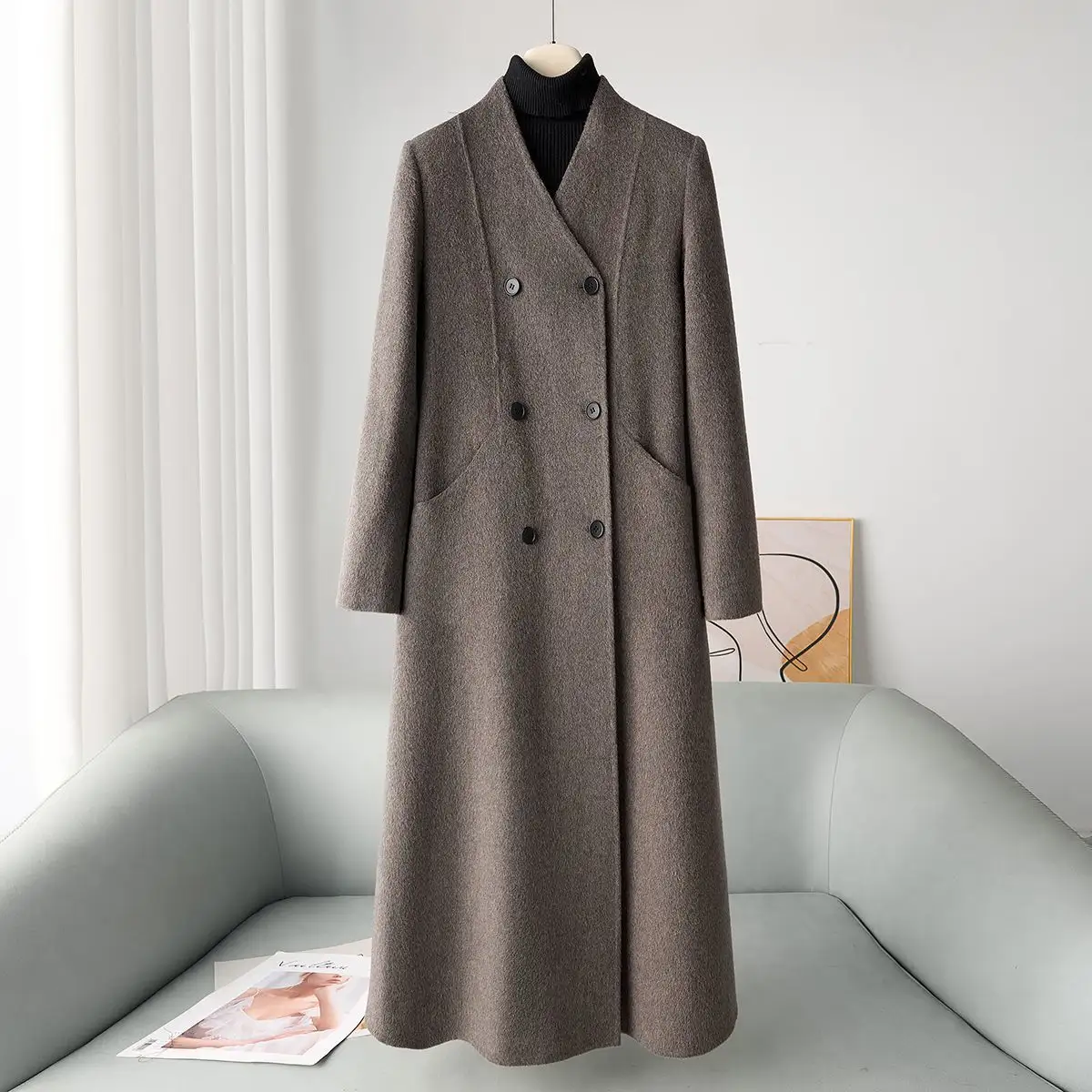 Mid-thigh-length Casual Double-breasted Wool Coat In Double-faced
