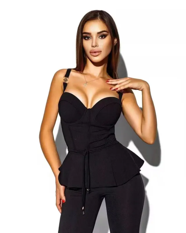 Low cut Cinched Camisole Top Tights Fashion Suit Black - Shop at LoveMi