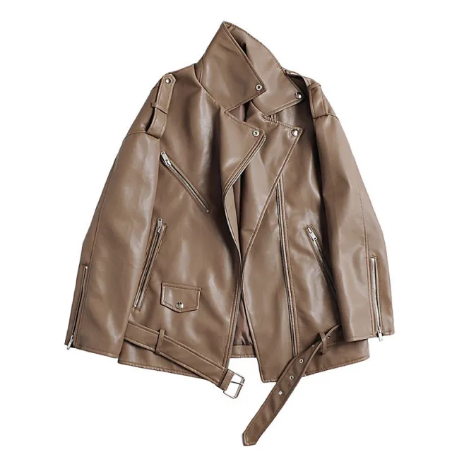 Spring New Korean Style Loose Casual Motorcycle Clothing Small Leather Jacket Brown - Shop at LoveMi