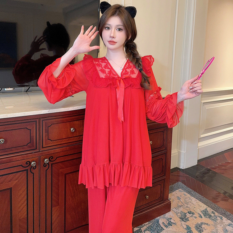 Solid Color V-neck Lace Sweet And Loose Princess Style Mesh Pajamas