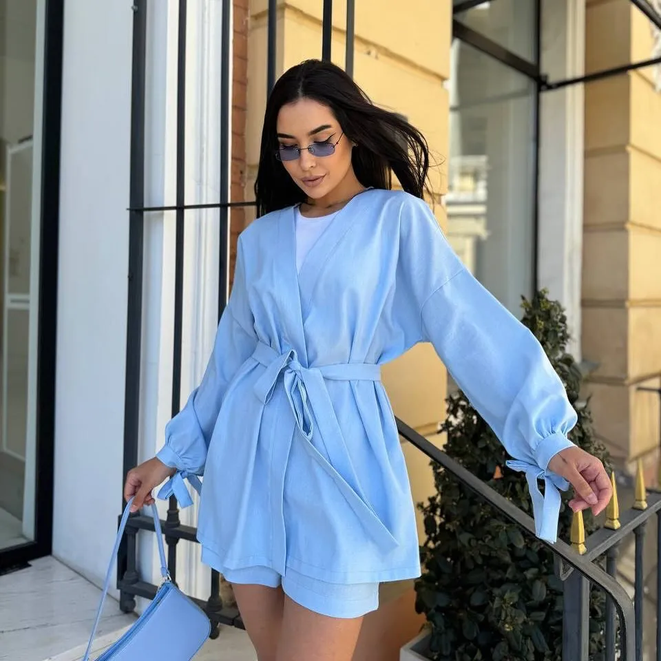 Lace-up Fashionable Top Casual Loose High Waist Shorts Two-piece Set - Light Blue