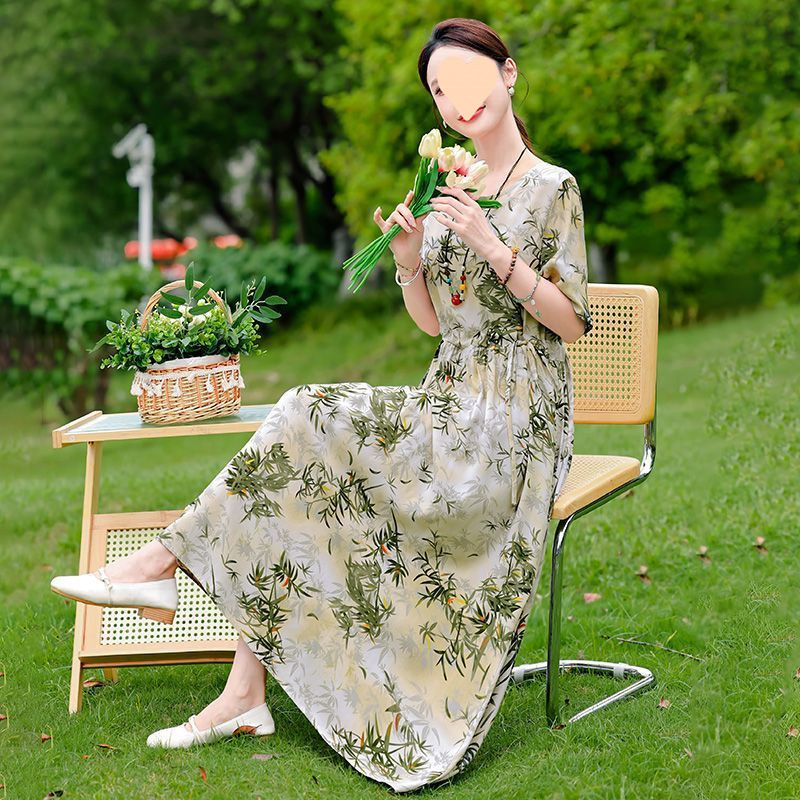 Dress Slimming Waist tight Floral Overknee Dress Loose Summer Dress 18 Green Bamboo - Shop at LoveMi