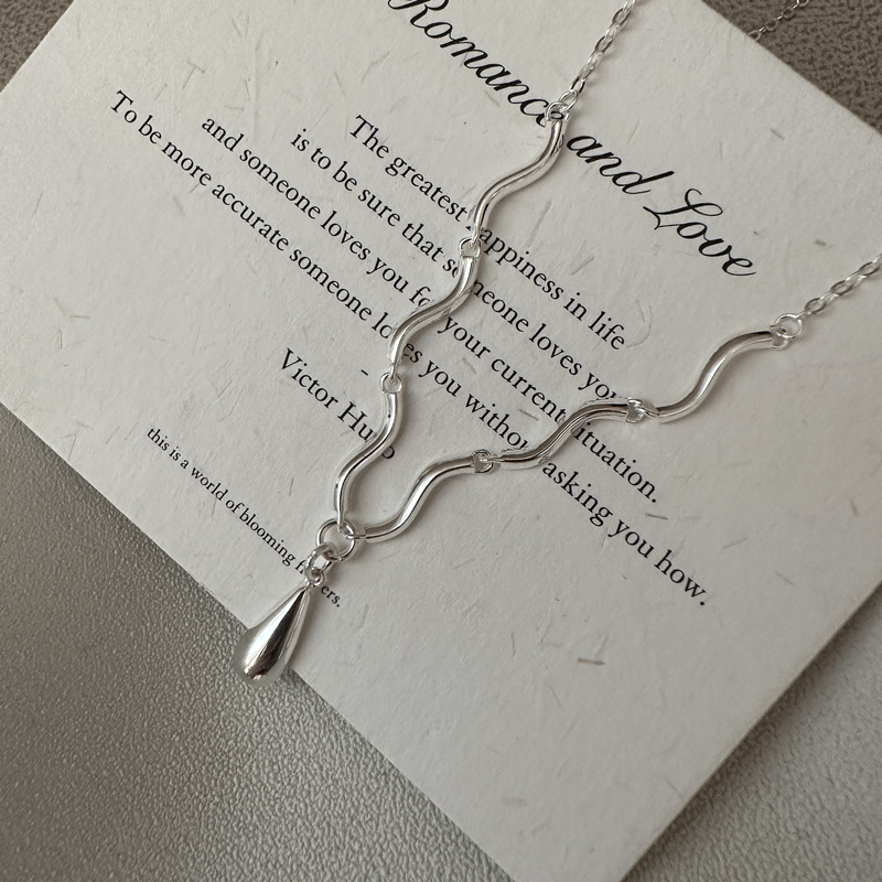 S925 Sterling Silver Korean Style Niche Design Water Drop Wave Texture Necklace Korean Style Fashion Simple Medium Long Chain