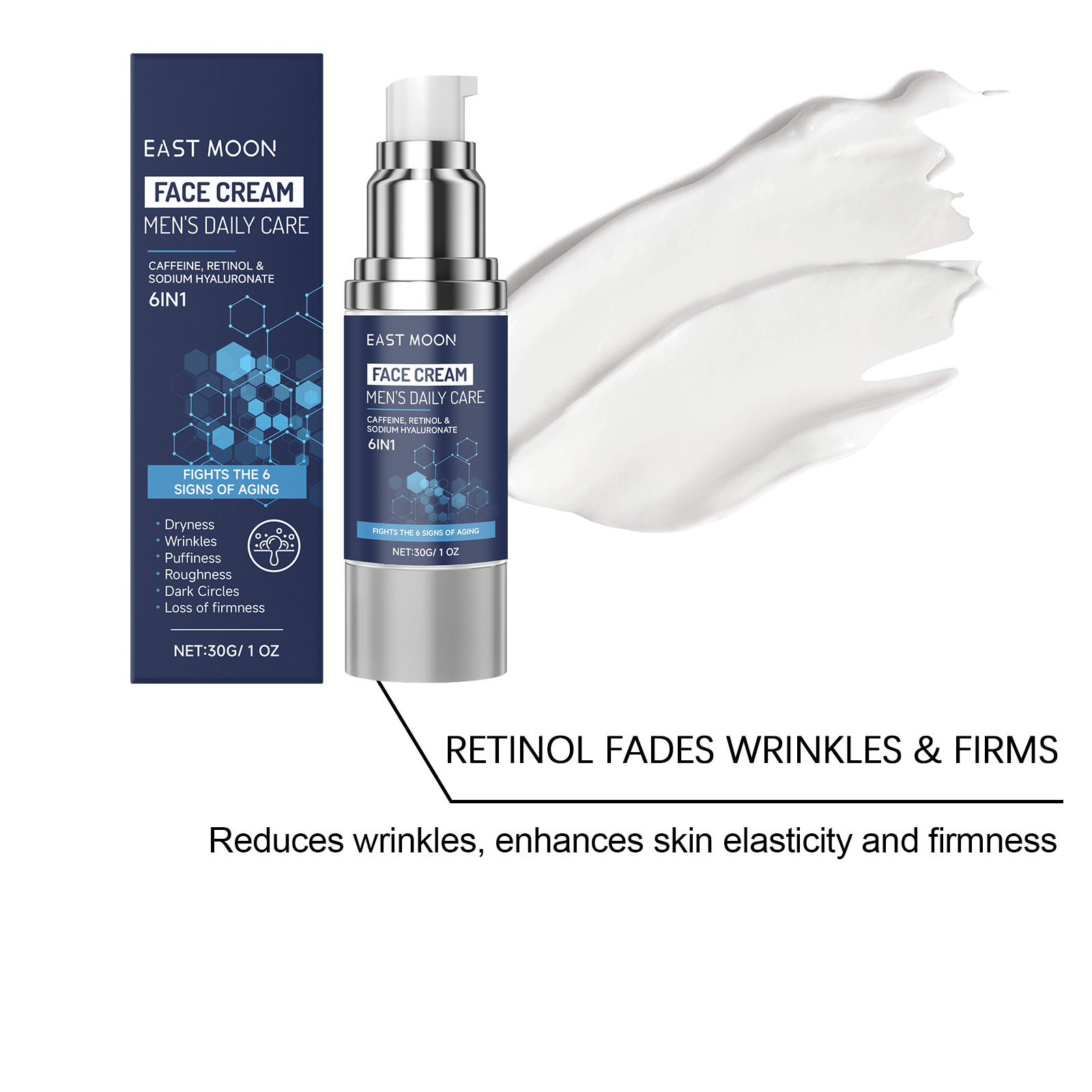 EAST MOON Men's Daily Care 6-in-1 Face Cream – Advanced Anti-Aging Moisturizer with Caffeine, Retinol & Sodium Hyaluronate to Fight Wrinkles, Dryness, and Dark Circles (30g)