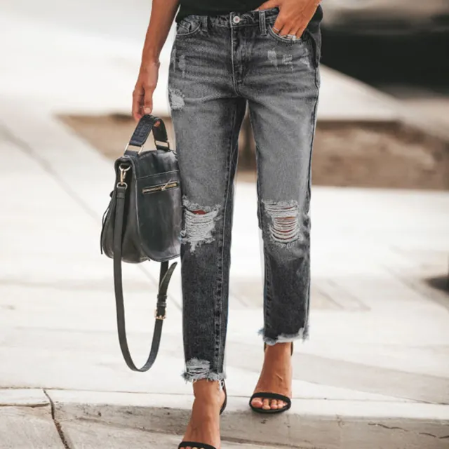 Women's Ripped Non elastic Retro Fashion Jeans Black - Shop at LoveMi