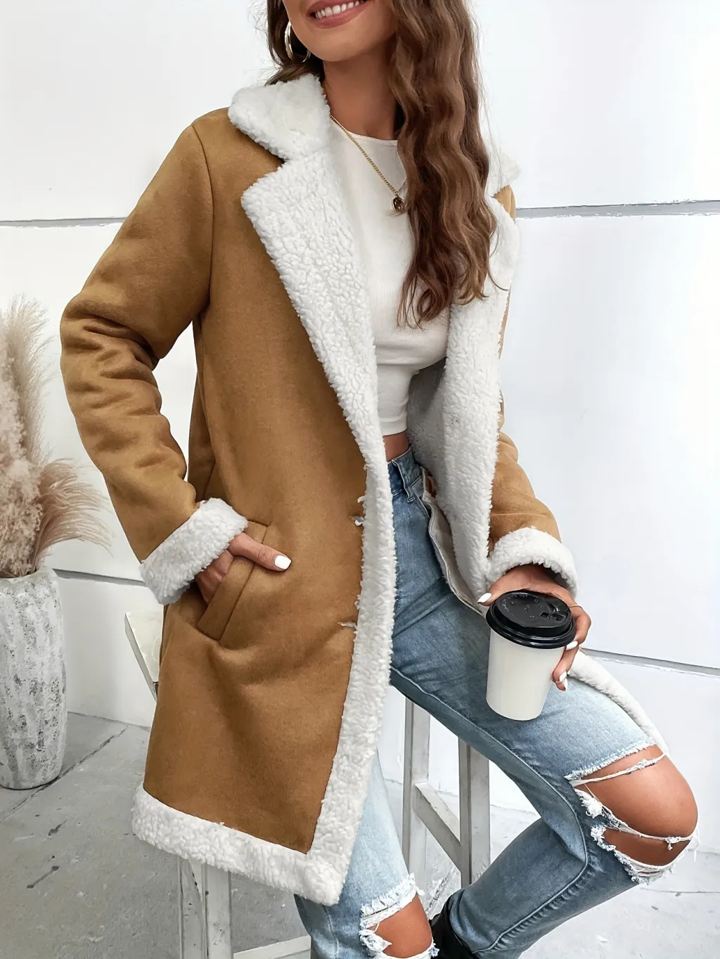 Women's Long-sleeved Lapel Deerskin Velvet Thick Woolen Coat - L033 Brown