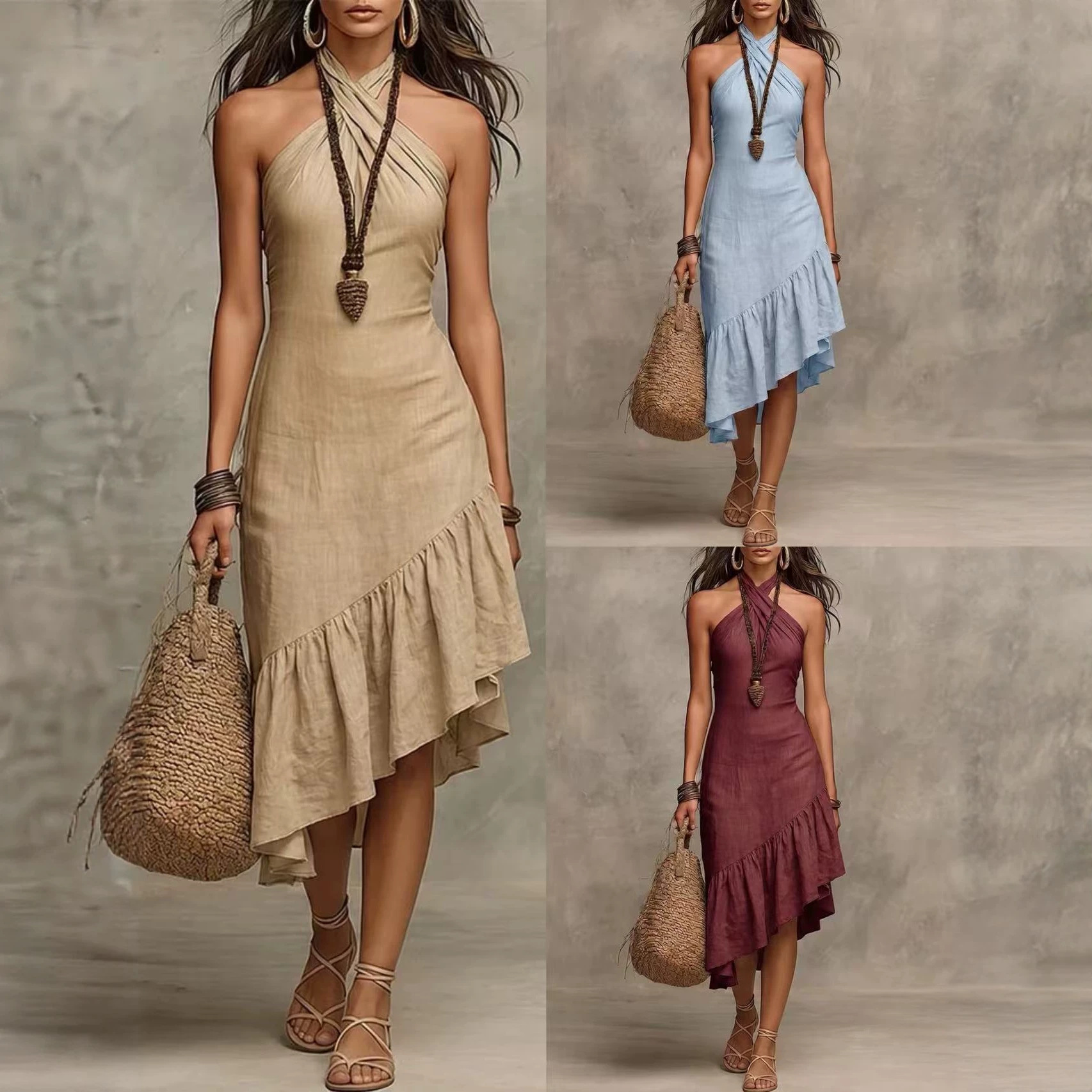 Neck-hanging Long Solid-color Sleeveless Dress