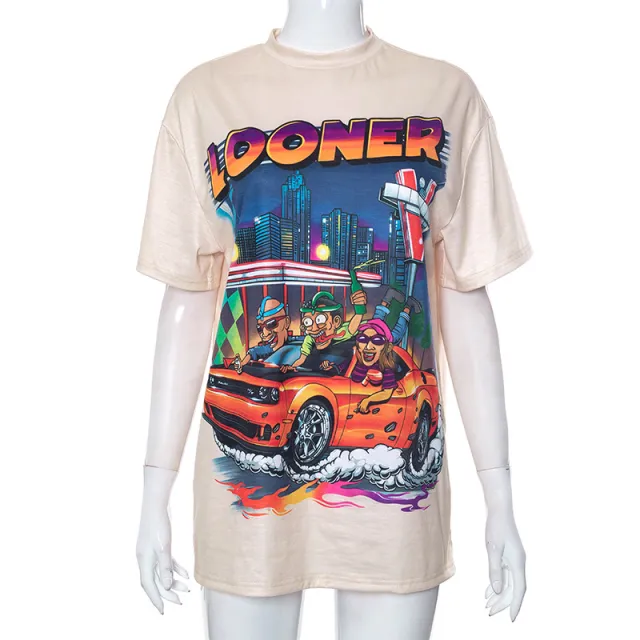 Women's Summer Round Neck Cartoon Printed Short Sleeve Apricot - Shop at LoveMi