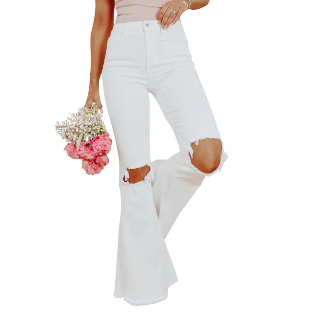 Women's Vintage Solid Color Ripped Jeans White - Shop at LoveMi
