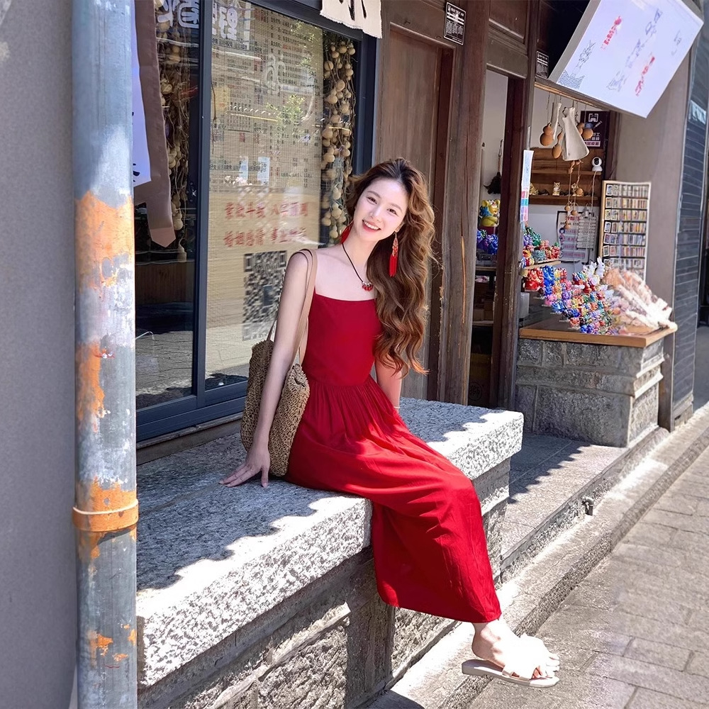 French Style Red Slip Dress Women's Sexy Backless Suitable For Seaside Vacation