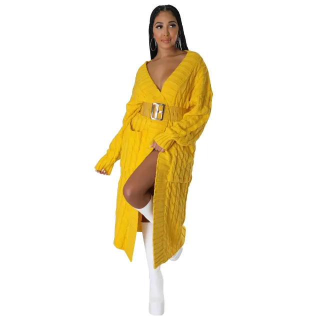 Women's Clothing Fashion Long Sleeve Long Sweater Coat Yellow - Shop at LoveMi
