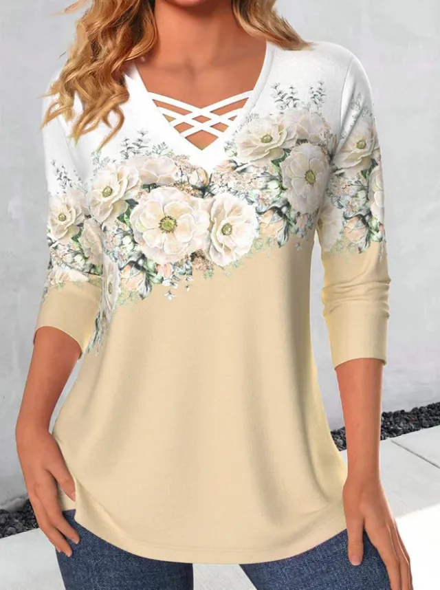 Women's V neck Flower Print Long sleeved T shirt Apricot - Shop at LoveMi