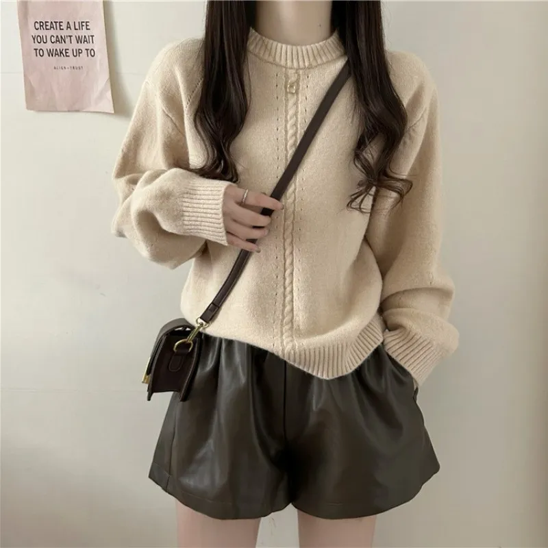 Korean Style Gentle Round Neck Cable-knit Sweater - Apricot