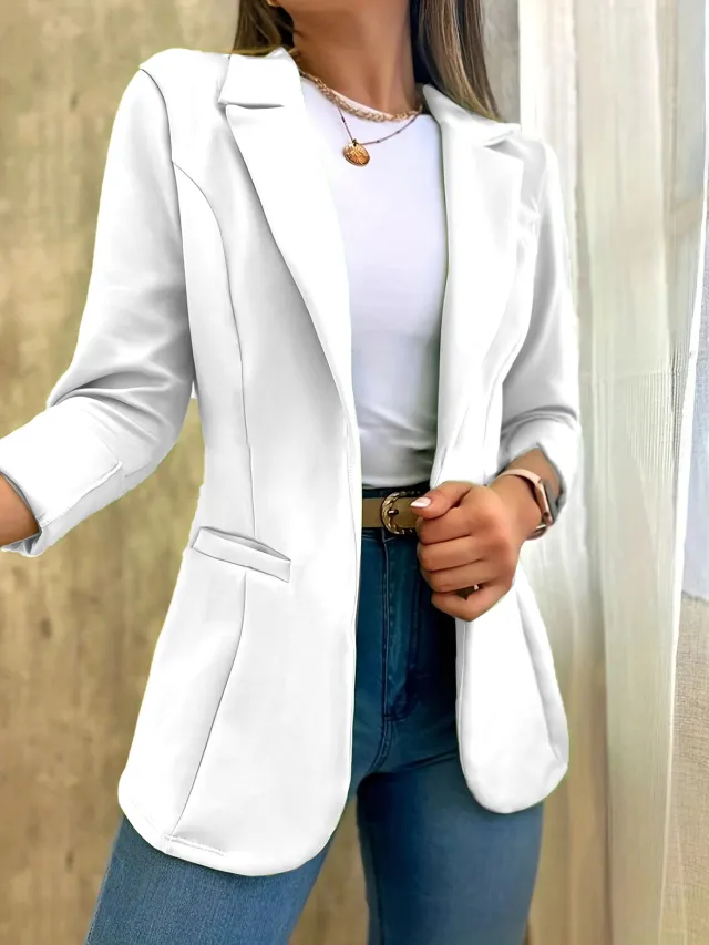 Solid Color Minimalist Long Sleeve Blazer Collar Coat White - Shop at LoveMi
