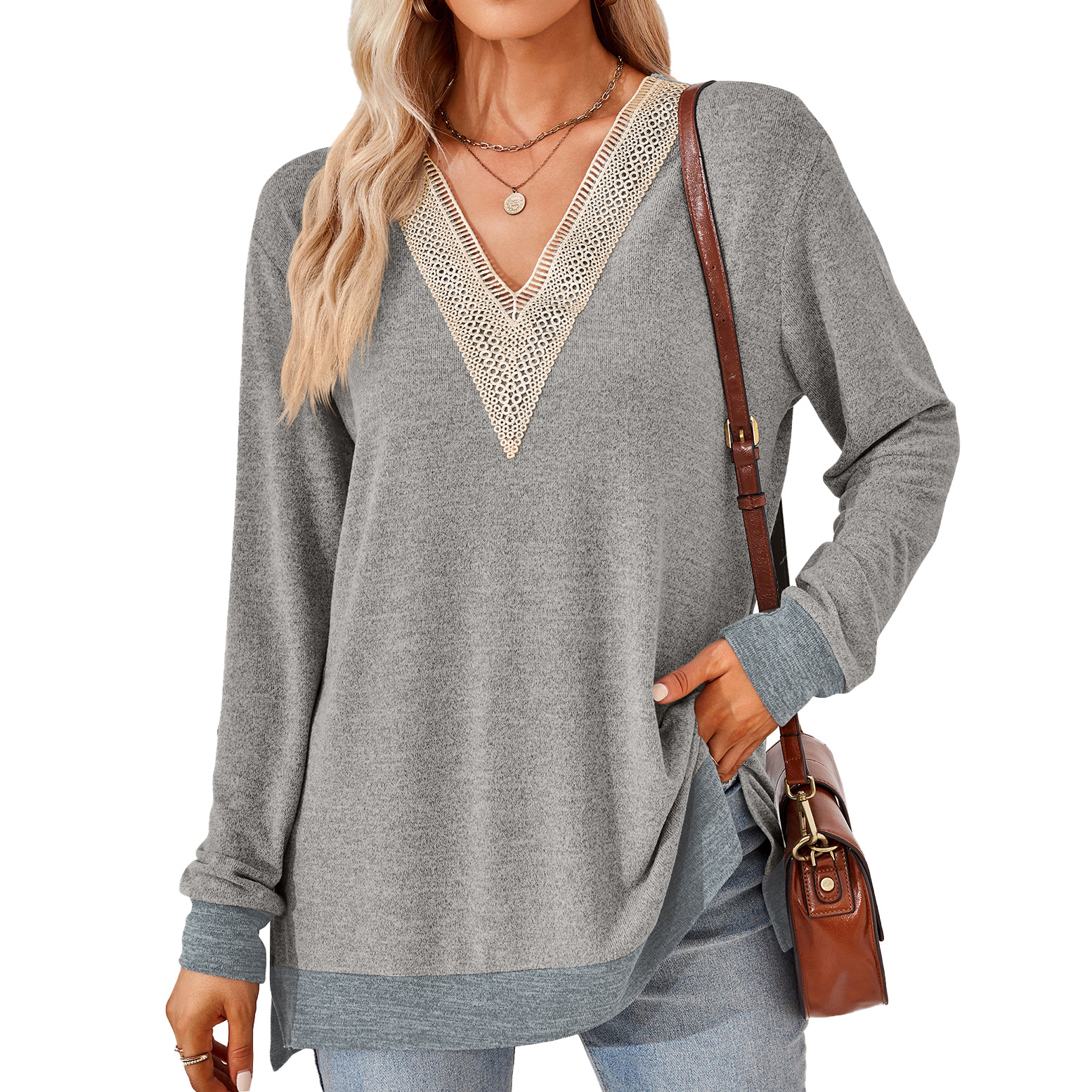 Women's Fashion V neck Lace Solid Color Loose fitting T shirt Top Light Gray - Shop at LoveMi