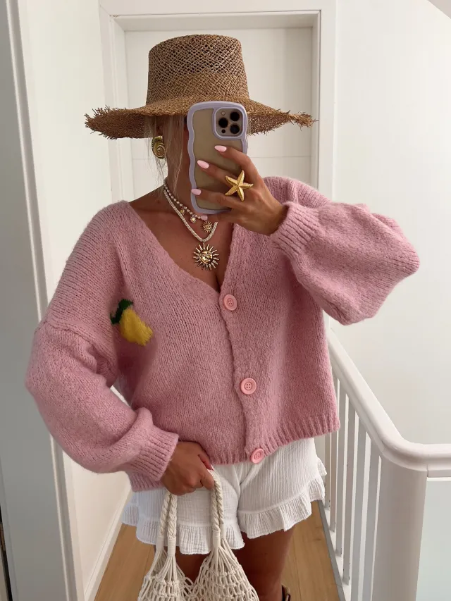 Loose Cardigan Casual Brocade Sweater Pink - Shop at LoveMi