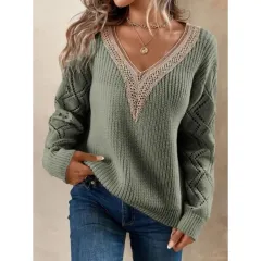 Spring And Autumn V-neck Sweater New Loose Casual - Green - View 1