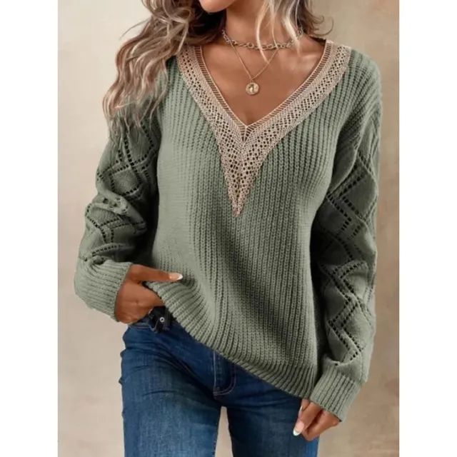 Spring And Autumn V neck Sweater New Loose Casual Green - Shop at LoveMi