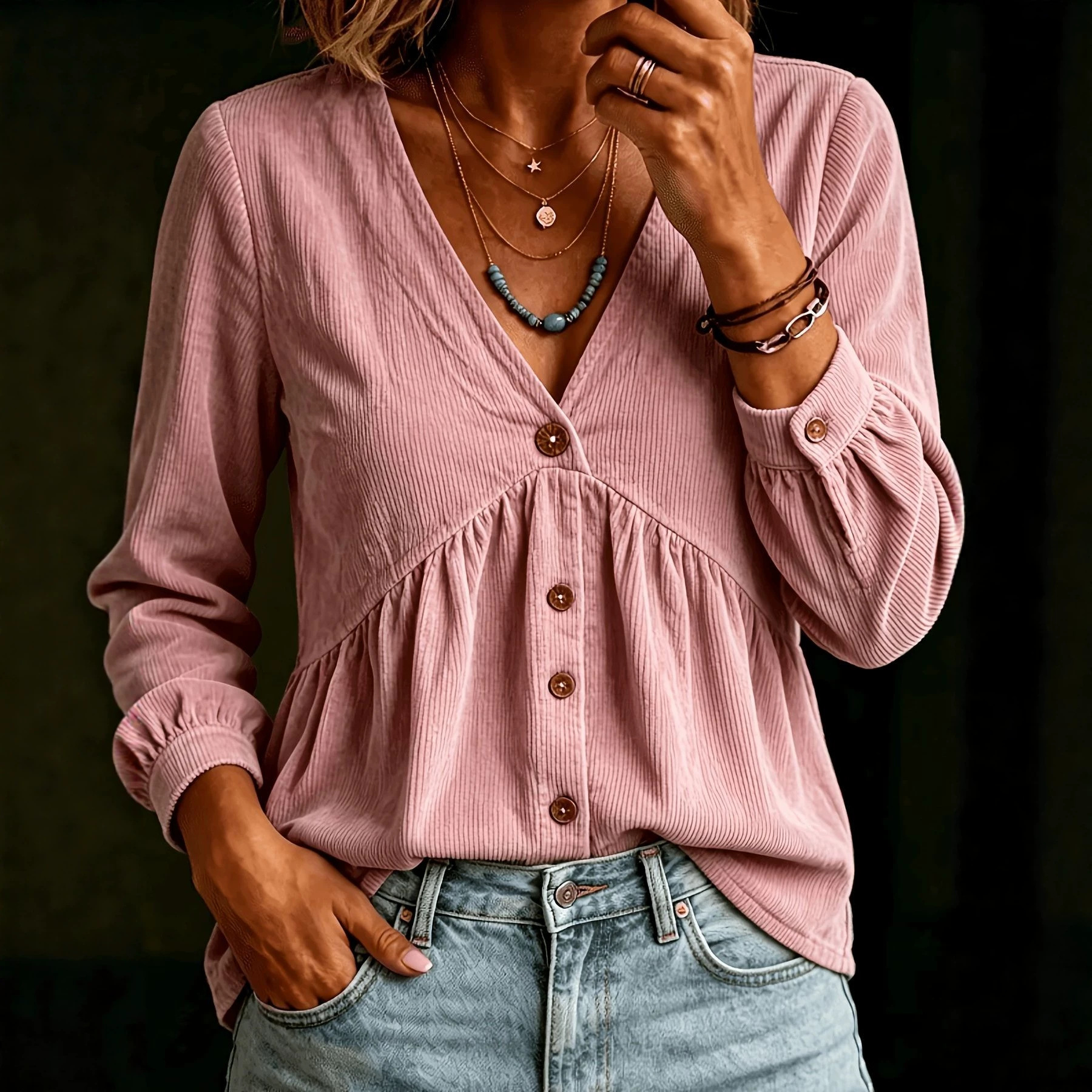 Corduroy V-neck Button-down Shirt Fashionable T-shirt Casual Pleated Top