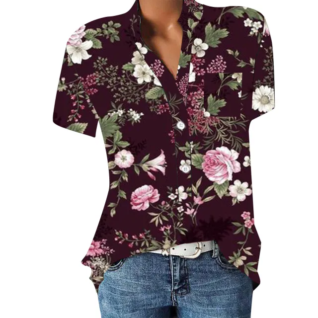 Women's V neck Floral Print Short sleeved Shirt Wine Red Flower - Shop at LoveMi
