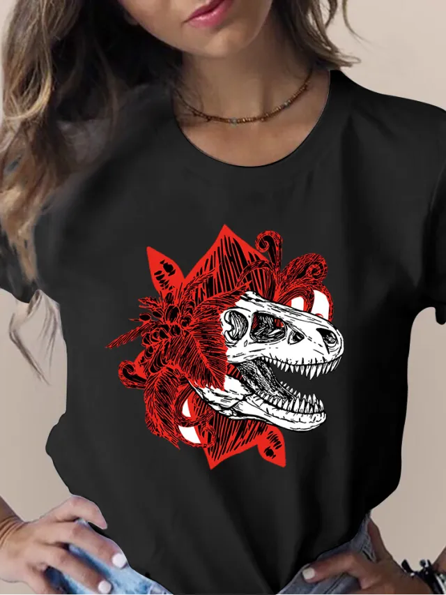 Women's Skull Flower Printed Round Neck Short Sleeve T shirt Black 4064 - Shop at LoveMi