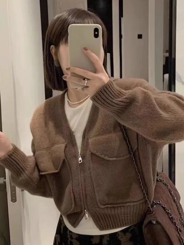 Zipper Lazy Casual Loose Knitted Cardigan Fashionable Jacket Sweater Camel - Shop at LoveMi