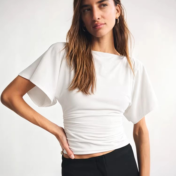 Womens Fashionable Casual T-Shirt With Batwing Sleeves And Waist Pleating