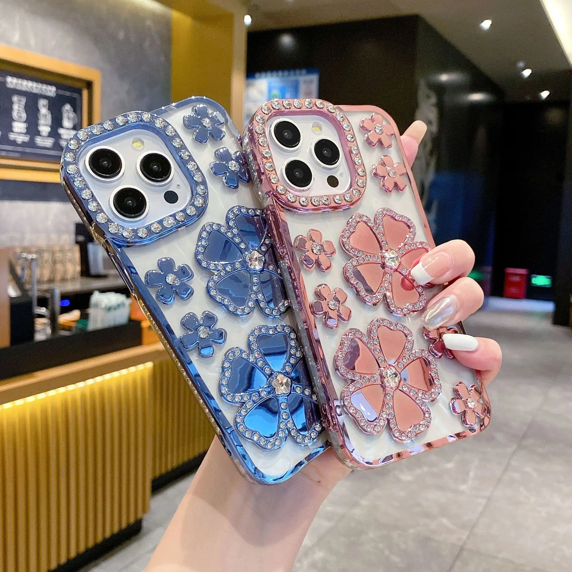Fashion Plum Blossom Spot Drill Diamond Flower Plating TPU Phone Case