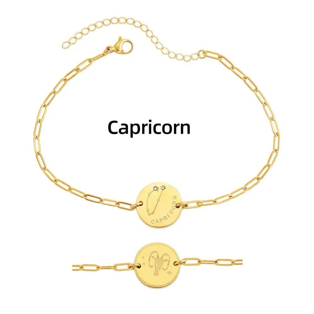 Titanium Steel 18K Gold Round Plate Twelve Constellation Star Chart Inlaid With Diamonds Bracelet