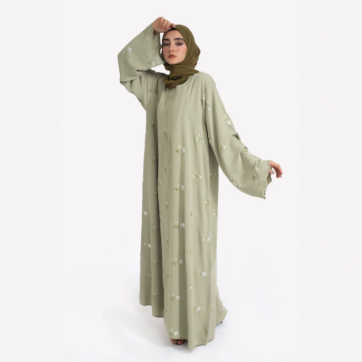 Green Flower Embroidered Fashionable Elegant Dress Robe