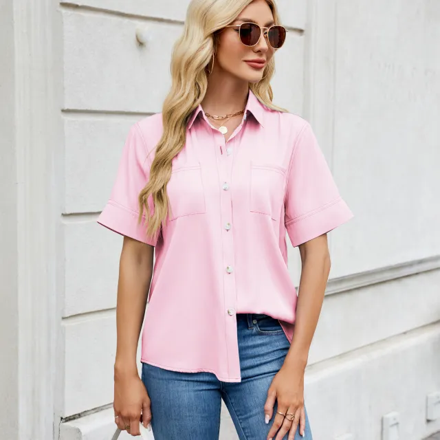 Women's One Breasted Faux Denim Short Sleeve Loose Shirt Pink - Shop at LoveMi
