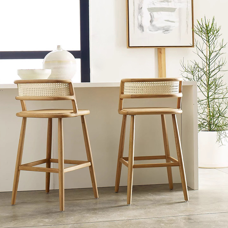 Solid Wood High Stool Rattan Bar Chair For KTV And Hotel Reception