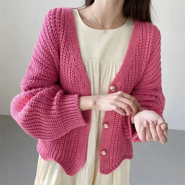 Sweater Cardigan Autumn And Winter New Loose Slimming Sweater Rose Red - Shop at LoveMi