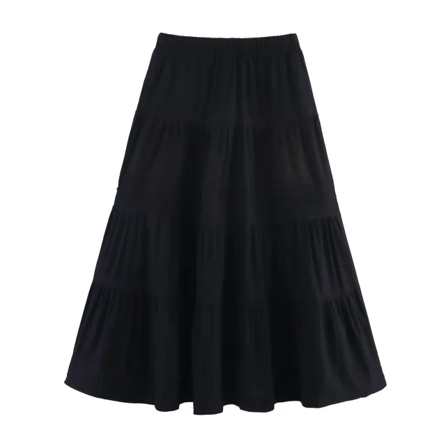 Solid Color Cotton Cloth Big Hem Skirt Stripes Multi layer Tiered Dress Black - Shop at LoveMi