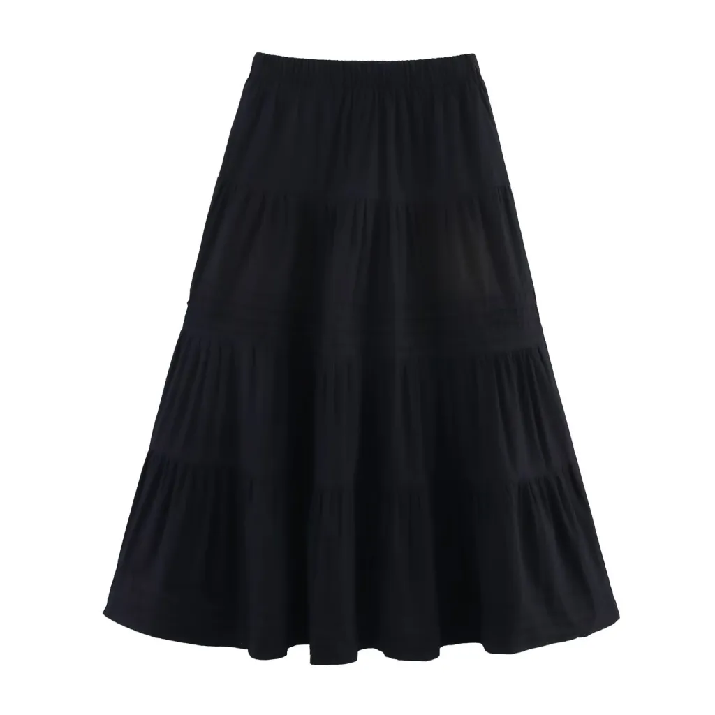 Solid Color Cotton Cloth Big Hem Skirt Stripes Multi-layer Tiered Dress - Black
