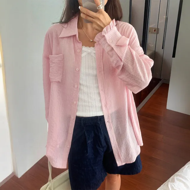 Casual Solid Color Long Sleeve Button Shirt Women's Clothing Pink - Shop at LoveMi