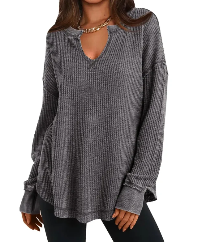 European And American Women's Casual Solid Color Long sleeve V neck Loose Sweater Gray - Shop at LoveMi