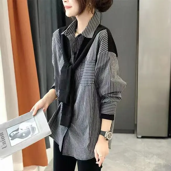 Women's All match Loose Black And Gray Striped Top Shirt Black - Shop at LoveMi
