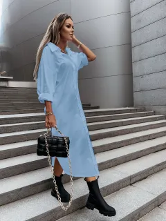 Autumn Fashionable With Side-slit Loose Casual Solid Colour Shirt Dress - Blue - View 1