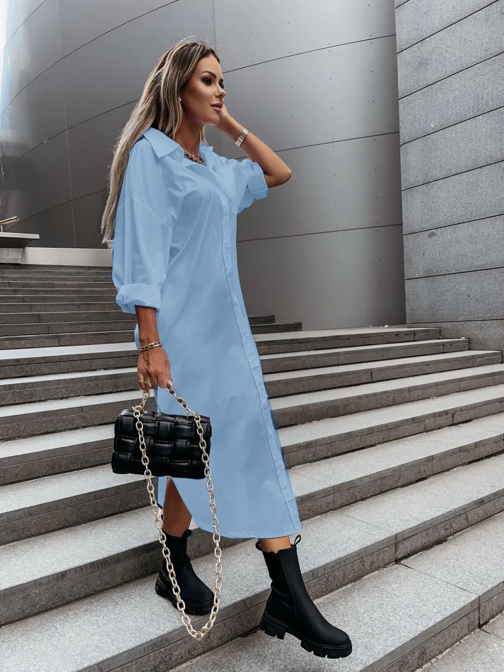 Autumn Fashionable With Side-slit Loose Casual Solid Colour Shirt Dress - Blue