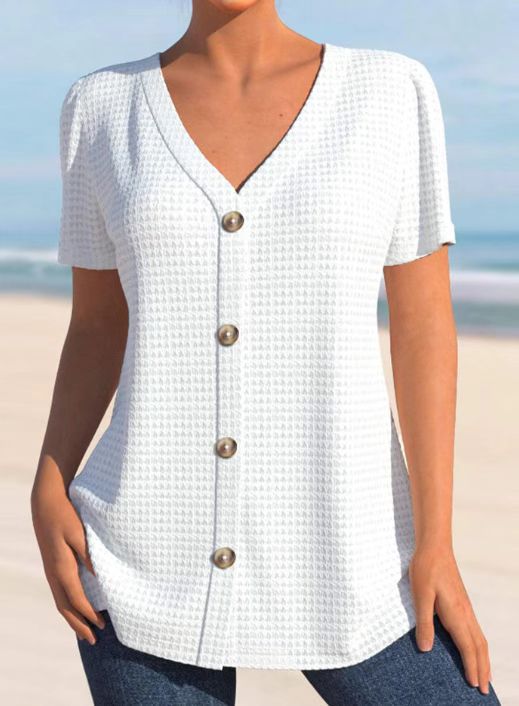 European And American Solid Color Buttons V neck Short Sleeve Loose Casual Top White - Shop at LoveMi